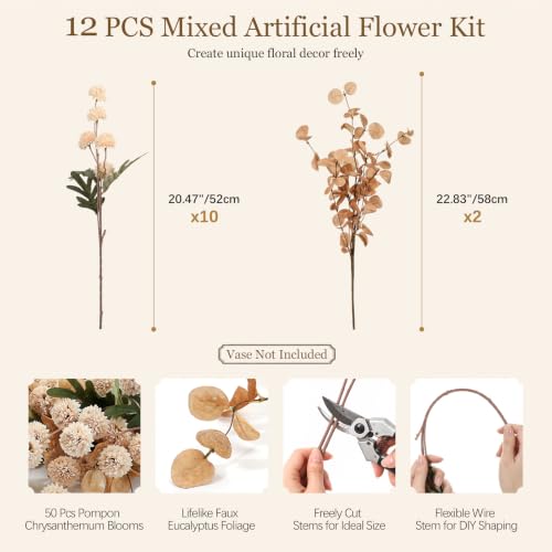 Artificial Flowers Set - 12Pcs Faux Silk Pompon Mums & Eucalyptus Beige
