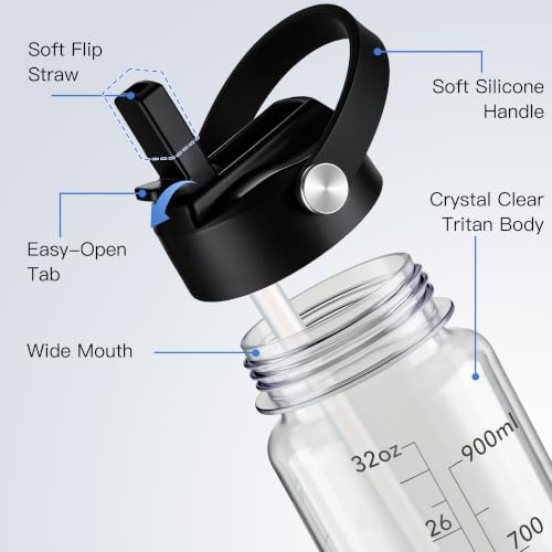 Fanhaw 32oz Clear Plastic Water Bottle with Flip Straw Lid & Black Accents
