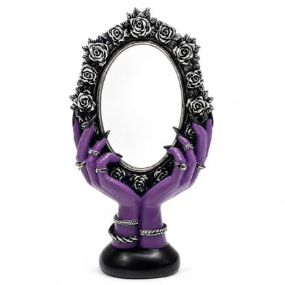 Purple Gothic Vanity Mirror with Witchy Hands and Black Rose Frame - Spooky Home Decor