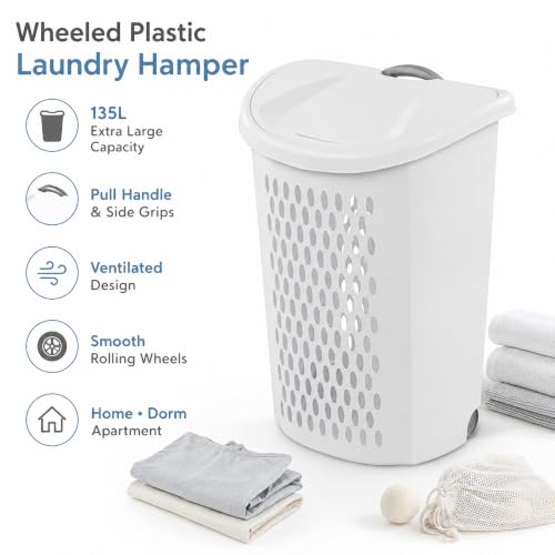 Rolling Laundry Hamper with Lid - White Plastic Wheeled Laundry Basket - Variation 1