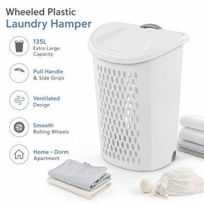 Rolling Laundry Hamper with Lid - White Plastic Wheeled Laundry Basket - Variation 1
