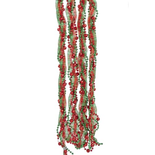 9 Foot Plastic Beaded Garland with Red and Green Plaid Ribbon - Holiday Decor