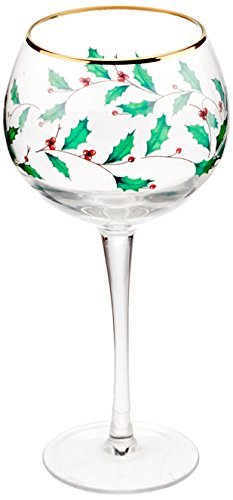 Balloon Wine Glasses Set of 4 - 14oz Holiday Holly Leaf & Gold Trim