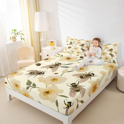 Kids Queen Size Floral Fitted Sheet Set with Pillowcases - Yellow, 60x80 Inches