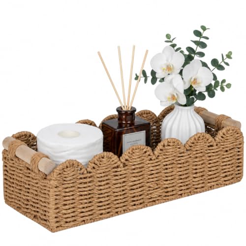 Scalloped Wicker Toilet Paper Storage Basket with Handles - Bathroom Organizer