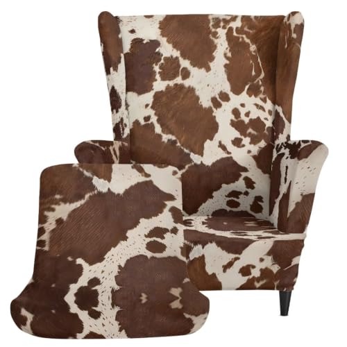 Stretch Wing Chair Slipcover Brown Cow Print 2 Piece Protect & Decor