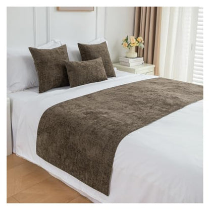 Chenille Bed Runner 45x260cm Solid Brown Soft Bed Scarf - Luxury Decor