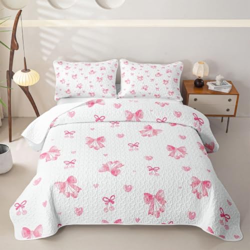 Pink Cherry Queen Size Breathable Quilt Set with Bowknot Design - Cozy Bedspread for Kids & Adults