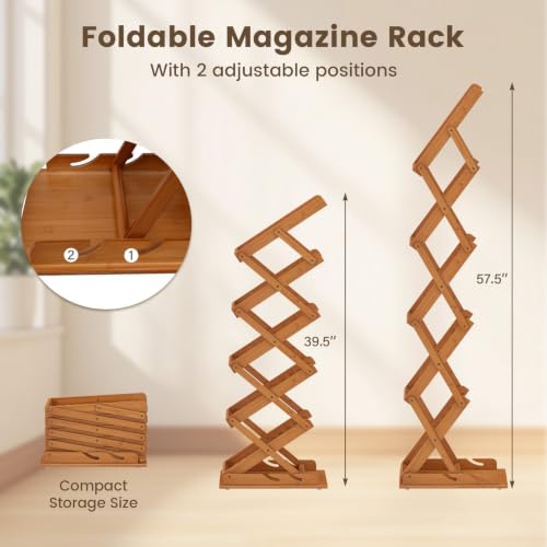 Foldable Bamboo Magazine Rack with Adjustable Height and 5 Shelves — Modern Storage Organizer