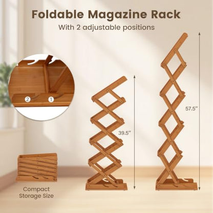 Foldable Bamboo Magazine Rack with Adjustable Height and 5 Shelves — Modern Storage Organizer