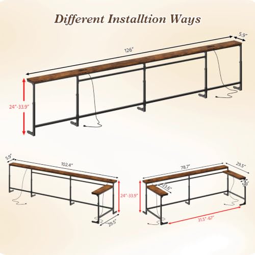 126-Inch Adjustable Sofa Console Table with Power Outlets for Living Room