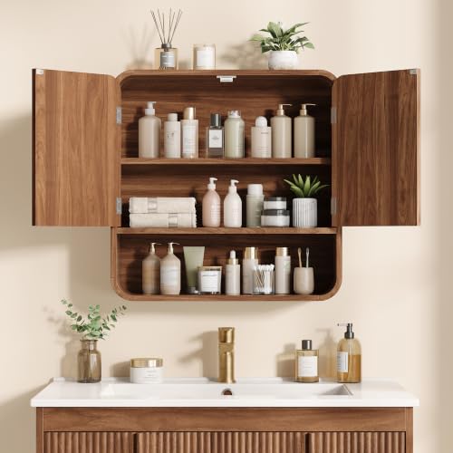 Vabches Walnut Fluted Bathroom Wall Cabinet, 23.6 Inch Tall Storage