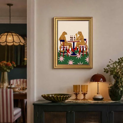 Retro Leopard Wall Art with Gold Frame - 12x16in Whimsical Animal Decor