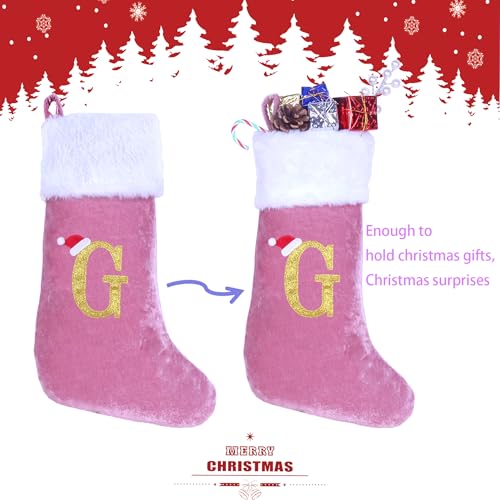 Pink Velvet Christmas Stocking with White Plush Cuff - Letter G Monogram, 20 Inch Holiday Decor
