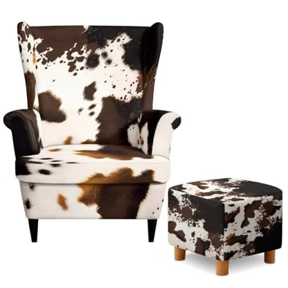 Brown Cow Print Wingback Chair & Ottoman Cover Set - Stretchy Furniture Protector