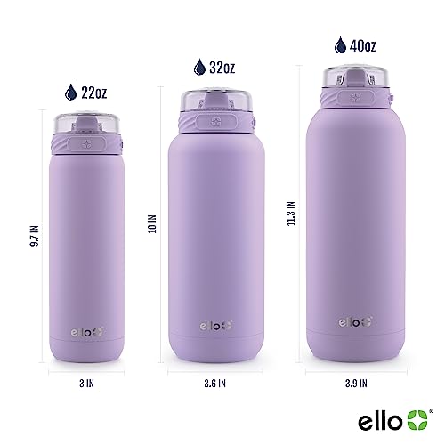 Ello Cooper 22oz Stainless Steel Water Bottle with Straw and Carry Handle, Double Walled and Vacuum Insulated Metal, Leak Proof Locking Lid with Soft Silicone Spout, Reusable, BPA Free, Lilac