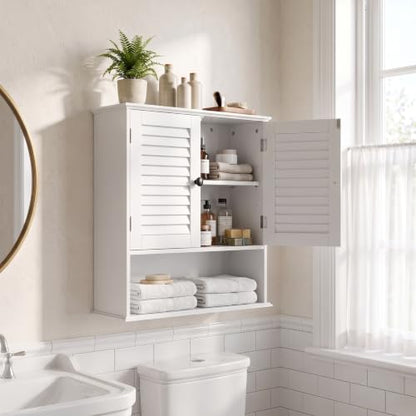 Wall Mounted Bathroom Cabinet with Louvered Doors - 23.6x8.27x24.8 Inches, White Rustic Style with Adjustable Shelf - Variation of 8.27"D x 23.62"W x 24.8"H