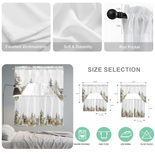 Forest Green Bear Deer Fox Rabbit 3-Piece Swag Kitchen Curtain Set - Rustic Animal Window Valances & Tiers