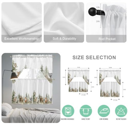 Forest Green Bear Deer Fox Rabbit 3-Piece Swag Kitchen Curtain Set - Rustic Animal Window Valances & Tiers