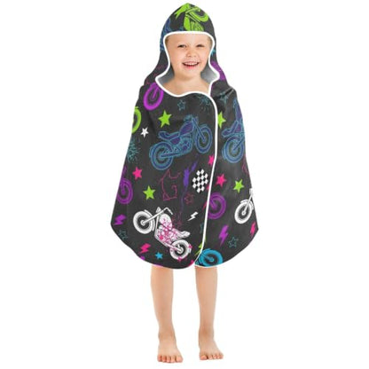 Kids Hooded Beach Towel Poncho with Neon Motorcycle Design - Soft & Absorbent