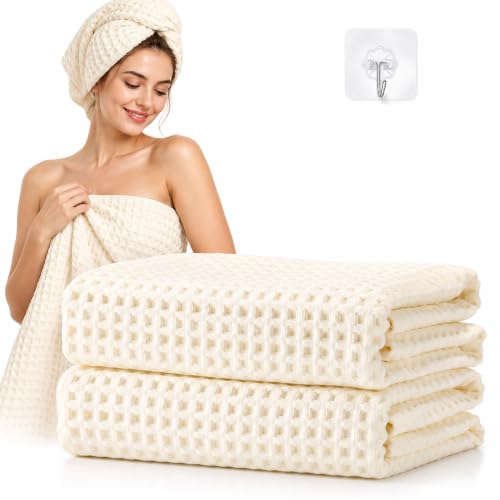 Cream Waffle Cotton Bath Towels 2 Pack, 27x55 Inches - Absorbent & Soft