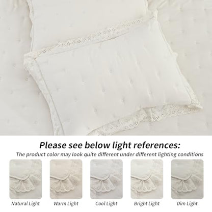 King Beige Ruffle Quilt Set with Lace Trim - Soft 100% Polyester Bedding
