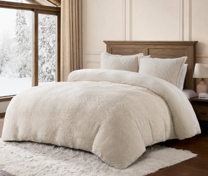 Queen Fleece Comforter Set - Thick Plush Fuzzy Bedding in Oatmeal, Dual-Side Cozy Fabric