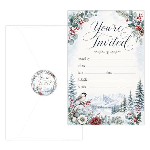 25Pcs Christmas Party Invitations with Envelopes and Stickers – Winter Holiday Set