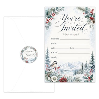25Pcs Christmas Party Invitations with Envelopes and Stickers – Winter Holiday Set