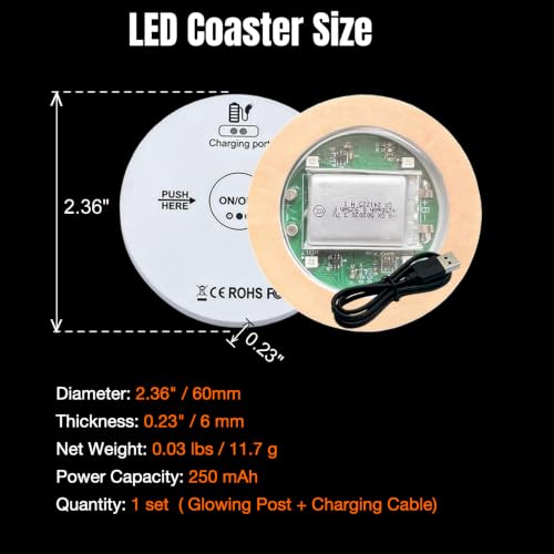 Rechargeable LED Coaster Light for Drinkware, Multi-Color, 50-80H Runtime