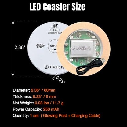 Rechargeable LED Coaster Light for Drinkware, Multi-Color, 50-80H Runtime