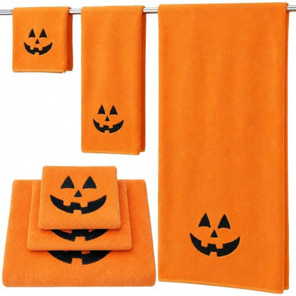 Halloween Towels Set - 3 Pcs Embroidered Pumpkin Face Orange Bathroom Decor