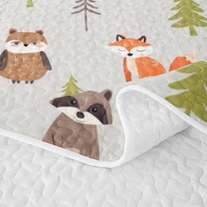 Woodland Animals Quilt Set Queen Gray Brown Kids Bedspread Nursery Cute Fox Bear Raccoon