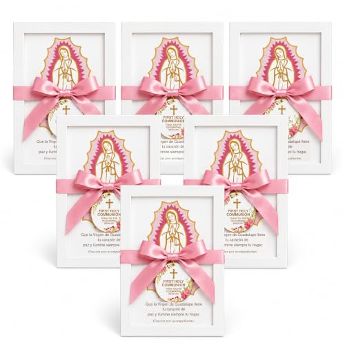 6-Piece Pink Virgen de Guadalupe First Communion Photo Frame Set with Satin Bows - Religious Favor for Guests