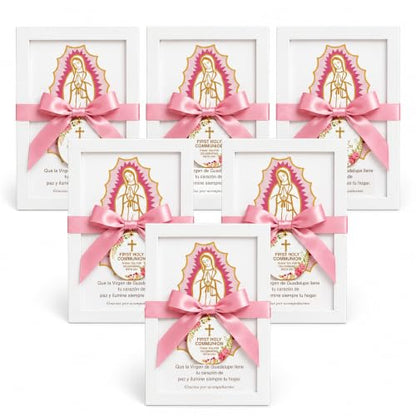 6-Piece Pink Virgen de Guadalupe First Communion Photo Frame Set with Satin Bows - Religious Favor for Guests