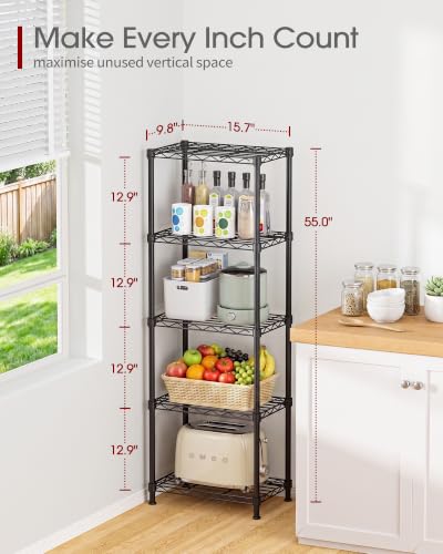 Black 5-Tier Wire Shelving Rack - 16 x 10 x 55.1 Inches, Heavy Duty Metal