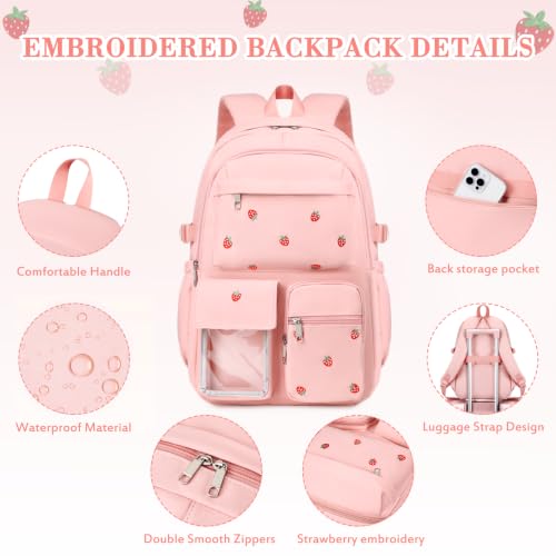 Girls Embroidered Backpack Set with Lunch Bag - Pink Strawberry