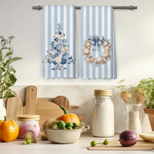 Blue Coastal Christmas Tree Kitchen Towels Set of 2 - Seashell & Starfish Holiday Decor - Variation 11