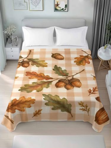 Queen Size Flat Sheet Only - Fall Oak Leaves & Acorns Microfiber Bedding, Beige Gingham Check, Amber Chestnut Variation