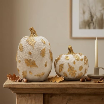 Fall Pumpkin Decor Set with Gold Accents for Harvest Table and Thanksgiving