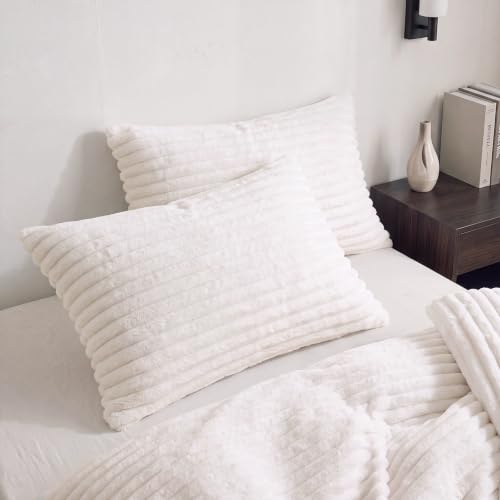 Queen Size Faux Fur Pillowcases Set of 2 - Ivory White Plush Pillow Covers