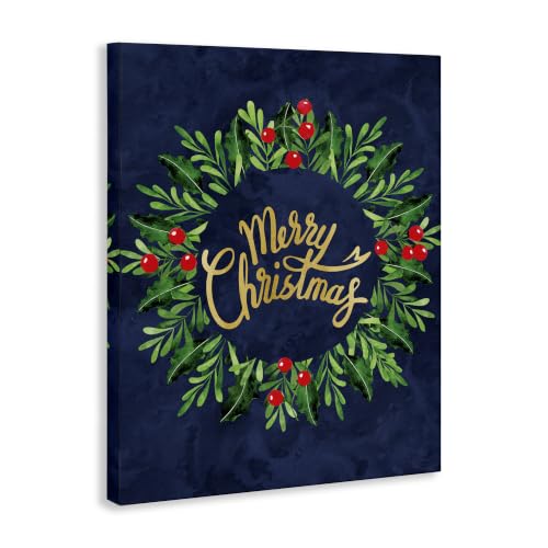Holiday Holly Wreath Canvas Wall Art - Merry Christmas 24x30 Inch - Stretched Canvas