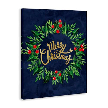 Holiday Holly Wreath Canvas Wall Art - Merry Christmas 24x30 Inch - Stretched Canvas