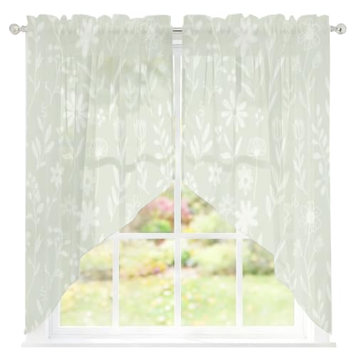 Sage Green Floral Curtain Set - 2 Panels, 45 Inch Length, Semi-Sheer Valances for Kitchen & Living Room, Rustic Pastoral Style with Variation Green, Sage, Celadon, Mist