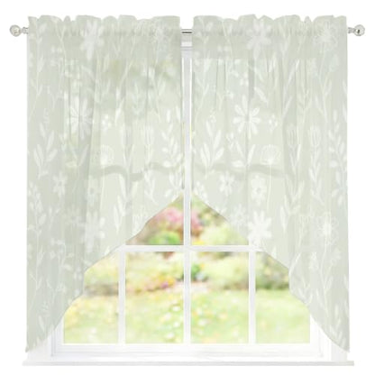 Sage Green Floral Curtain Set - 2 Panels, 45 Inch Length, Semi-Sheer Valances for Kitchen & Living Room, Rustic Pastoral Style with Variation Green, Sage, Celadon, Mist