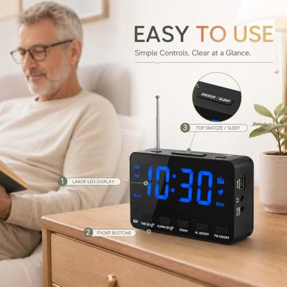 Alarm Clock Radio with FM, USB Charging, Sleep Timer & Snooze