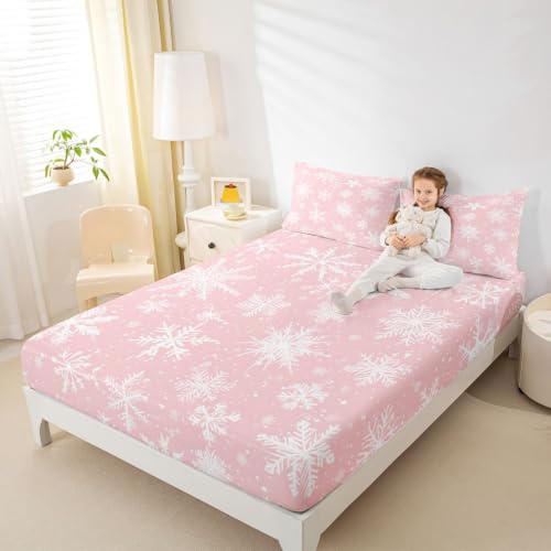 Pink Snowflake Bed Sheets Set for Kids & Adults King Size 4Pcs - White Pink Variation