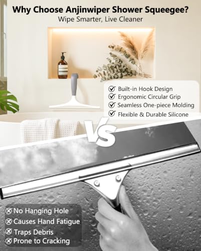 Gray and White 10-Inch Shower Squeegee for Glass Doors with Hook - No Squeak, Streak-Free Cleaning