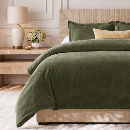 Olive Green Velvet Chenille Duvet Cover Set - Queen with Hidden Zipper & Snaps