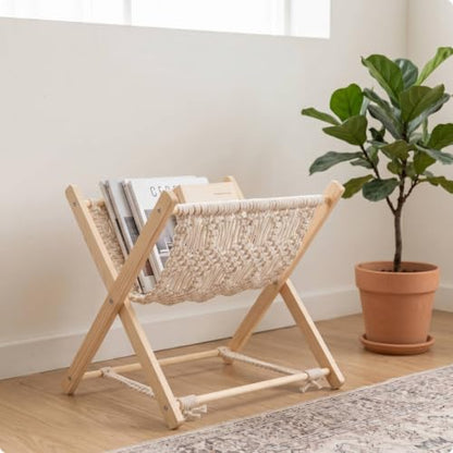 Wood Frame Magazine Rack with Cotton Rope Strap - Space Saving Folding Book Holder